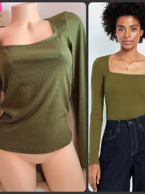 Old Navy Olive Green Square Neck Ribbed Long Sleeve Top
